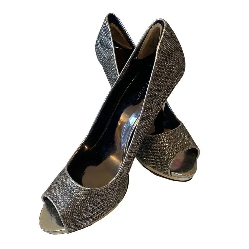 Nine West Silver Glitter Open Toe Pumps in Ladies Sz. 10